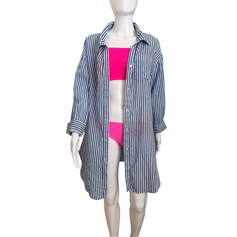 Turks & Caicos Blue White Striped Button-Down Tunic Shirt Size Medium